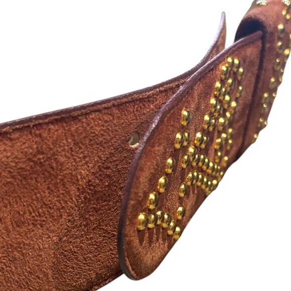 VINTAGE Y2K Studded Gold Heart Suede Hip Belt L Low Slung 90s Anne Klein Boho - Picture 7 of 11